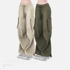 two women's pants with pockets and drawstrings are shown in front of each other