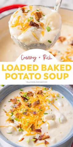 loaded baked potato soup in a bowl with a ladle full of cream and cheese