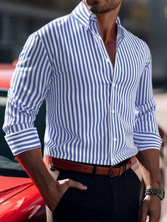 Navy Blue Casual Collar Long Sleeve Fabric Striped Shirt Embellished Slight Stretch  Men Clothing Stripes Men Outfit, Blue Striped Shirt Men, Blue Striped Shirt Outfit Men, Striped Shirt Outfit Men, Blue Shirt Outfit Men, Blue Striped Shirt Outfit, Striped Shirt Outfit, Outfits With Striped Shirts, Blue Pants Men