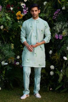 Aqua blue cotton silk kurta with floral hand block print. Comes with trouser. - Aza Fashions Festive Cotton Sherwani With Naqshi Embroidery, Festive Cotton Sherwani With Naqshi, Spring Cotton Salwar Kameez With Dabka, Cotton Sherwani With Naqshi In Straight Kurta Style, Spring Cotton Unstitched Suit With Dabka Detail, Designer Cotton Sherwani With Naqshi, Spring Cotton Unstitched Suit With Dabka, Spring Unstitched Cotton Suit With Dabka, Cotton Sherwani With Naqshi For Festivals