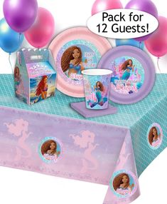 the little mermaid party pack includes plates, cups and napkins with balloons in the background