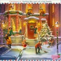 a christmas card with children playing in front of a house