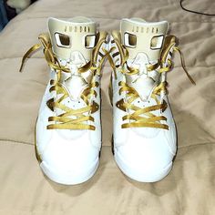 Air Jordan Retro 6 Athletic Shoes Mens Size 9, White And Gold , With American Flag Insoles, Only Signs Of Wear Is The Yellowing Bottoms And I Think It Matches The Gold Theme, Comes With A Shoebox But Not The Box Jordan Lace-up Shoes With Perforations And White Sole, Gold Leather High-top Sneakers With Boost Midsole, Casual Gold Basketball Shoes With Boost Midsole, Gold High-top Leather Basketball Shoes, Gold Low-top Casual Basketball Shoes, Gold High-top Basketball Shoes, Sporty Gold Sneakers With Perforations, Casual Gold Low-top Basketball Shoes, Gold Leather Basketball Shoes