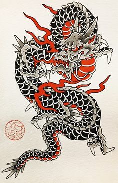 a drawing of a dragon with red and black colors on it's back side