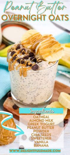 an advertisement for overnight oatmeal with bananas and chocolate chips