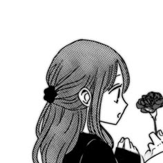 a drawing of a girl holding a flower in one hand and looking at the other