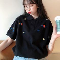 Planet Embroidered Polo Loose Shirt Embroidered Tops With Relaxed Fit, Black Embroidered Top With Collar, Embroidered Cotton Collared Tops, Embroidered Cotton Collar Tops, Kawaii Harajuku Fashion, Fashion Kpop, Teen Outfits, Kawaii Harajuku, Loose Shirt