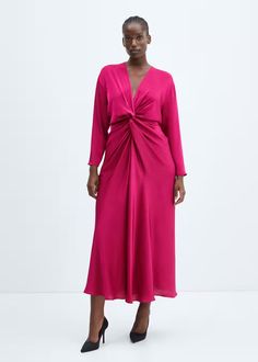 Satin dress with knot - Women | Mango USA Party V-neck Midi Dress In Viscose, V-neck Viscose Midi Dress For Party, V-neck Viscose Party Dress, Dress Satin Long, Sequin Midi Skirt, Midi Dress Plus Size, Satin Dress Long, Flowy Shirt, Dress Satin