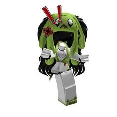 a green monster with black hair and red eyes holding a white object in it's hands