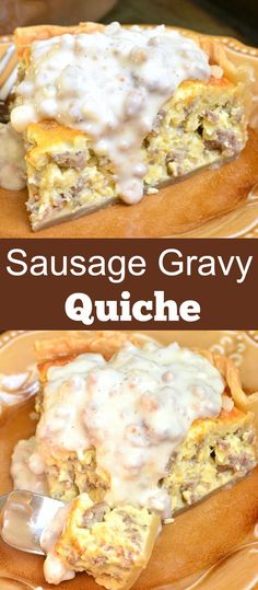 sausage gravy quiche is shown on a plate with a fork in it