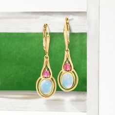 Ross-Simons - Ethiopian Opal, .30ct t. w. Pink Tourmaline Drop Earrings Over Sterling. Add a mystical touch to your outfit with these drop earrings. Here, 6x8mm oval Ethiopian opal cabochons beam next to .30 ct. t. w. pear-shaped pink tourmaline cabochons. Set in polished 18kt yellow gold over sterling silver. Hanging length is 1 3/8". Leverback, pink tourmaline and Ethiopian opal drop earrings. Opal birthstones are the perfect gift for October birthdays. October Birthdays, Opal Drop Earrings, Opal Birthstone, Earrings Opal, Sterling Jewelry, Pretty Jewellery, Pink Tourmaline, Free Jewelry, Ethiopian Opal