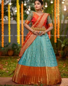 Halfsarees Traditional, Lehenga Duppata, Silk Half Saree, Sari Lehenga, Lehenga Style Saree, Sarees For Girls, Bridal Sarees South Indian, Half Saree Lehenga, Lehenga Choli Wedding