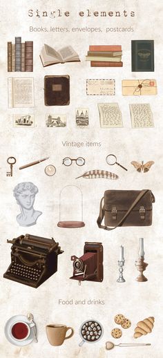 an old fashioned typewriter surrounded by other items including books, keys, and glasses