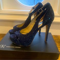 Worn Once With Box Dark Blue Suede With Dark Blue Rhinestones Ankle Strap Size-7.5 Heels 5 Inches Rare No Longer Made Midnight Blue Shoes, Inc International Concepts, Blue Suede, Blue Rhinestones, Blue Shoes, Blue Crystals, Midnight Blue, Shoes Women Heels, Ankle Strap