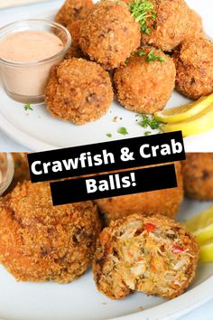 crabfish and crab balls with dipping sauce on the side