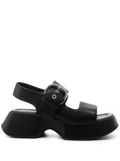 black leather square open toe branded leather insole flatform rubber sole silver-tone hardware side buckle fastening Travel Sandals, Boot Pumps, Sandals Black, Pump Sandals, Soft Black, Sandals Summer, Top Shoes, Missoni, Luxury Shoes