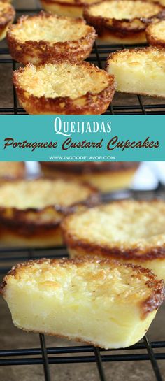 several pieces of quiche sitting on top of a cooling rack with the words queladas written above it