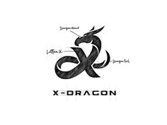 the logo for x - dragon is shown in black and white, with an image of