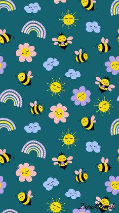 bees and rainbows on blue background with clouds