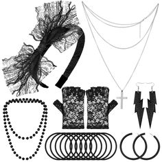 PRICES MAY VARY. GREAT VALUE SET – Paxcoo women’s 80s party accessories includes 1pcs lace headband, 2 pair of earrings in different styles, 1 pair fingerless fishnet gloves, 10pcs black bracelets, 1pcs metal necklace and 2pcs plastic necklaces. Great for 80's costume accessories and Halloween costume COMFORTABLE TO WEAR – The 80s black lace headband is made of lace and fabric, and the fishnet gloves are super stretchy, earrings and necklace beads are made of plastic, bracelet is made of silicon Punk Costume Accessories For Costume Party, Retro Black Costume Accessories For Party, Black Retro Party Costume Accessories, Retro Black Party Costume Accessories, Retro Jewelry For Parties, Winter Costume Party Accessories, Elegant Winter Party Costume Accessories, Vintage Black Costume Accessories For Party, Vintage Jewelry For Holiday Parties