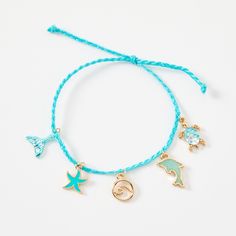 Catch a wave and hang ten in this woven turquoise bolo bracelet! It has a row of life aquatic-themed charms, including a mermaid tail, a starfish, a wave, a dolphin, and a sea turtle. Finish: Silver-tone Closure: Bolo Material: Polyester, Metal - Claire's Turquoise Aquatic Life Charm Bolo Bracelet Adjustable Blue Jewelry With Starfish Charm, Beach Jewelry With Charms In Ocean-inspired Style, Ocean-inspired Jewelry With Charms For Beach, Ocean-inspired Beach Jewelry With Charms, Adjustable Ocean-inspired Charm Bracelet With Lobster Clasp, Turquoise Jewelry With Starfish Charm For Vacation, Beach Jewelry In Turquoise With Sliding Knot, Adjustable Casual Jewelry With Starfish Charm, Adjustable Turquoise Ocean-inspired Bracelet