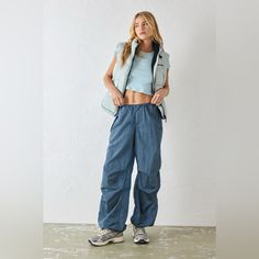 In Brand New Conditions No Flaws Super Cute And Stylish Urban Outfitters Casual Relaxed Fit Bottoms, Urban Outfitters Casual Relaxed Fit Pants, Sporty Blue Wide Leg Cargo Pants, Casual High Waist Blue Parachute Pants, Casual High-waisted Blue Parachute Pants, Blue Baggy Bottoms For Outdoor, Trendy Blue Baggy Parachute Pants, Trendy Baggy Blue Parachute Pants, Urban Outfitters Casual Straight Leg Bottoms