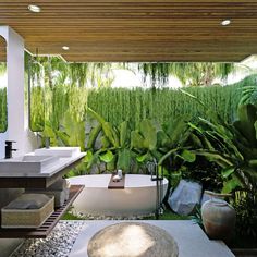 a bathroom with a tub, sink and large plants in the background on the wall