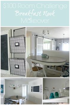 a collage of photos with the words, $ 100 room challenge breakfast table makeover