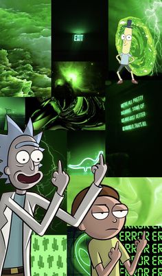 the rick and mort cartoon character collaged in different scenes with green light coming from their eyes