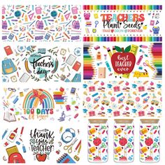 the teacher's day stickers are shown in various colors and designs, including an apple