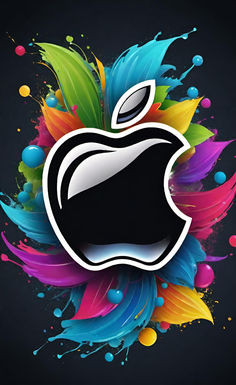 an apple logo with colorful paint splatters and leaves on the bottom, in front of a black background