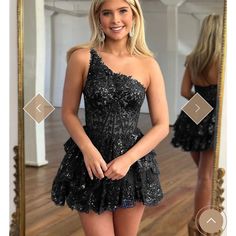 Black Mini Dress With Fitted Bodice For Wedding, Elegant Black Sequin Dress For Wedding, Sequin Cocktail Gown For Prom Season, Black Mini Dress For Wedding And Prom Season, Black Mini Dress For Prom And Gala, Black Mini Dress For Prom Gala, Cocktail Evening Dress For Prom Season, Black Gown For Prom Season Party, Black One-shoulder Evening Dress For Prom Season