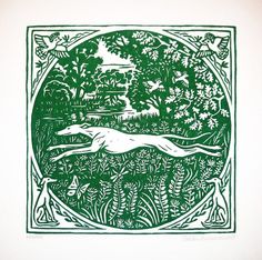 an image of a dog running through the woods in green paper cut art print on white paper