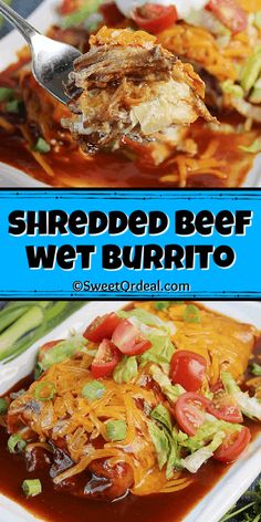 shredded beef and veggie burritos on a white plate with a fork