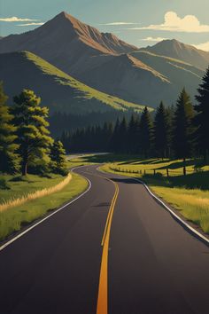 a painting of a road in the mountains with trees on both sides and grass to the side