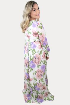 This is the perfect floral sweetheart pregnancy maxi. Features a gorgeous combination of pink, purple, and ivory with a standout large floral print. The sweetheart neckline is perfect for nursing, long loose sleeves, and a tie waistline to keep you comfy! An ideal floral baby shower maxi, date night dress, or just because. Designed for wear throughout all nine months of pregnancy and beyond! Large Floral Print, Maternity Maxi, Pregnancy Months, Maternity Photography Poses, Date Night Dresses, Floral Baby Shower, Floral Baby, Sweetheart Neckline, Maternity Photography