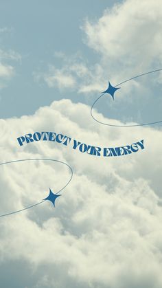 two blue kites flying in the sky with words protect your energy written on them