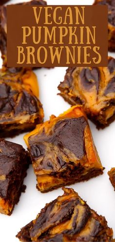 vegan pumpkin brownies are stacked on top of each other with the words, vegan pumpkin brownies