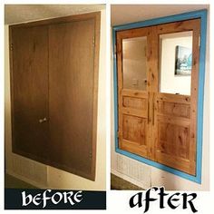 before and after pictures of a wood paneled door with blue paint on the side