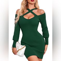 New Holiday Green Bandage Dress Long Sleeve Bodycon Strap Mini Sweater Dress. Thick And High Elasticity Material Hugs In The Right Places, Mini Dress Giving You Curves And Some Cleavage. Cross Strap Design, High Waist,Long Sleeve,Mini-Length. The Dress Comes To Right Above Your Knee And The Wide Shoulder Strap Design Can Perfectly Show Your Neckline. Long Sleeve Bodycon Bandage Mini Dress, Knee-length Bodycon Mini Dress For Brunch, Chic Long Sleeve Bandage Bodycon Dress, Long Sleeve Bandage Mini Dress For Date Night, Fitted Long Sleeve Bandage Mini Dress, Long Sleeve Bandage Mini Dress With Stretch, Long Sleeve Stretch Bandage Mini Dress, Fitted Mini Sweater Dress For Parties, Green Fitted Bodycon Dress For Brunch