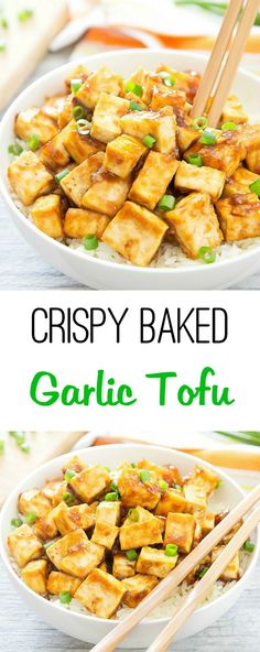 crispy baked garlic tofu in a white bowl with chopsticks