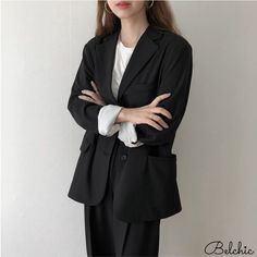 ❤ Tailored jacket setup ❤ Unit (cm)

 Jacket
 Free Size
 Length 70 Shoulder width 42 Sleeve length 59 Bust 105

 pants
 S.
 total length 100 waist 64
 M.
 total length 100 waist 68 Casual Black Suits For Office, Casual Black Office Suits, Casual Black Blazer With Suit Collar, Casual Black Winter Suits, Black Suit Collar Outerwear For Office, Black Office Outerwear With Pockets, Black Outerwear With Suit Collar For Office, Casual Black Suits For Work, Casual Winter Office Suits