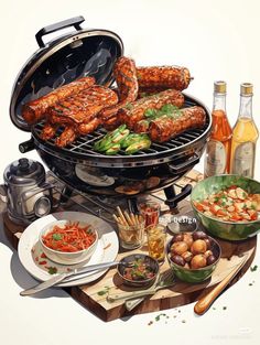 a painting of some food and drinks on a wooden table with an open bbq