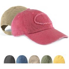 Pigment-dyed raw-edge patch baseball cap. 100% washed cotton twill; 6-panel, unstructured; 4" x 2" patch"; distressed brim; embroidered eyelets; self-fabric closure, antique brass slider and tuck-in strap. The perfect summer cap - great for the beach or the boardwalk! Keep the sun out of your eyes with this comfortable cotton twill cap. Raw Edge, Dye