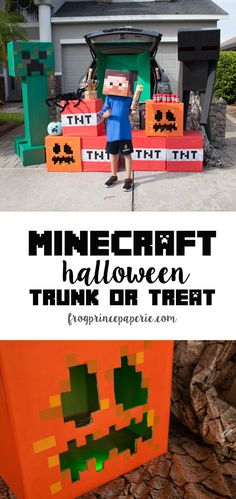 an orange box with a face on it and the words minecraft halloween trunk or treat