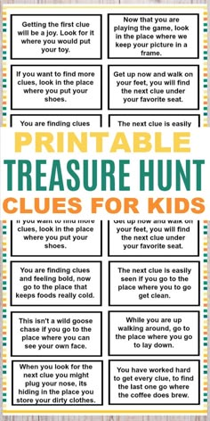 printable treasure hunt clues for kids to use in the classroom or on the wall