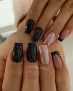 29.5k Likes, 21 Comments - Veres Andrea (@_andreanails) on Instagram: “🎉 • • • • #nail #nails #nailart #naildesigner #fashion #nailsgram #instanails #style #mywork #foto…” Black Pink And Glitter Nails, Black And Pink Nails Ideas Glitter, Black Nails Pink Glitter, Black Glitter Gel Nails, Black Pink Glitter Nails, Pink Black Glitter Nails, Black And Rose Nails, Black And Glitter Acrylic Nails, Black Nails With Pink Glitter