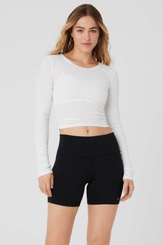 Gather Long Sleeve - White | Alo Yoga Flare Leggings, Back Women, Alo Yoga, Bra Women, Lounge Pants, Long Sleeve Crop Top, White Long Sleeve, Long Tops, Short Tops