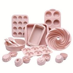 an assortment of baking utensils and cake pans