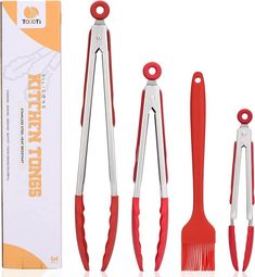 three pairs of scissors and tongs are in front of a box with the tools inside